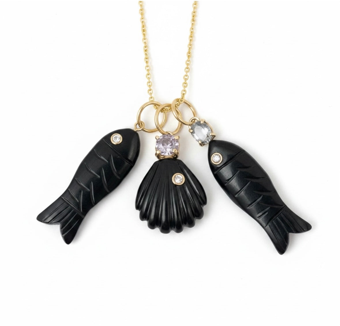 Black Onyx Shell Pendant with Diamond, Silver Spinel and 14k Gold
