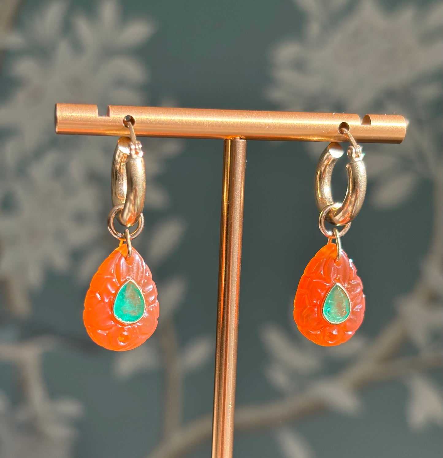 Carnelian, emerald and orange sapphire earrings