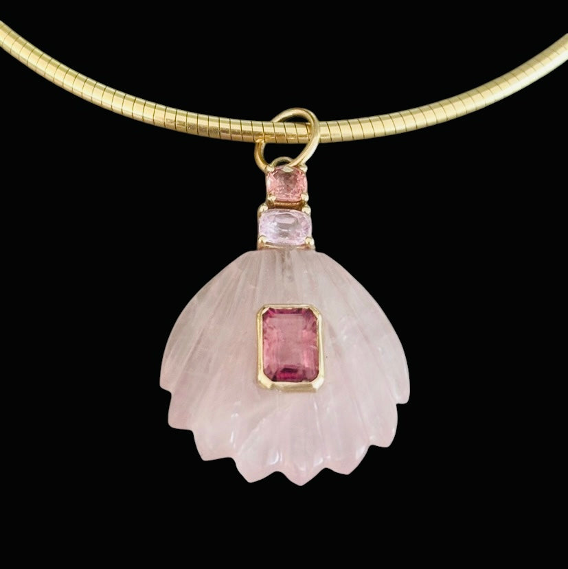 Rose Quartz Sea Shell Pendant with Pink Tourmaline & Spinel