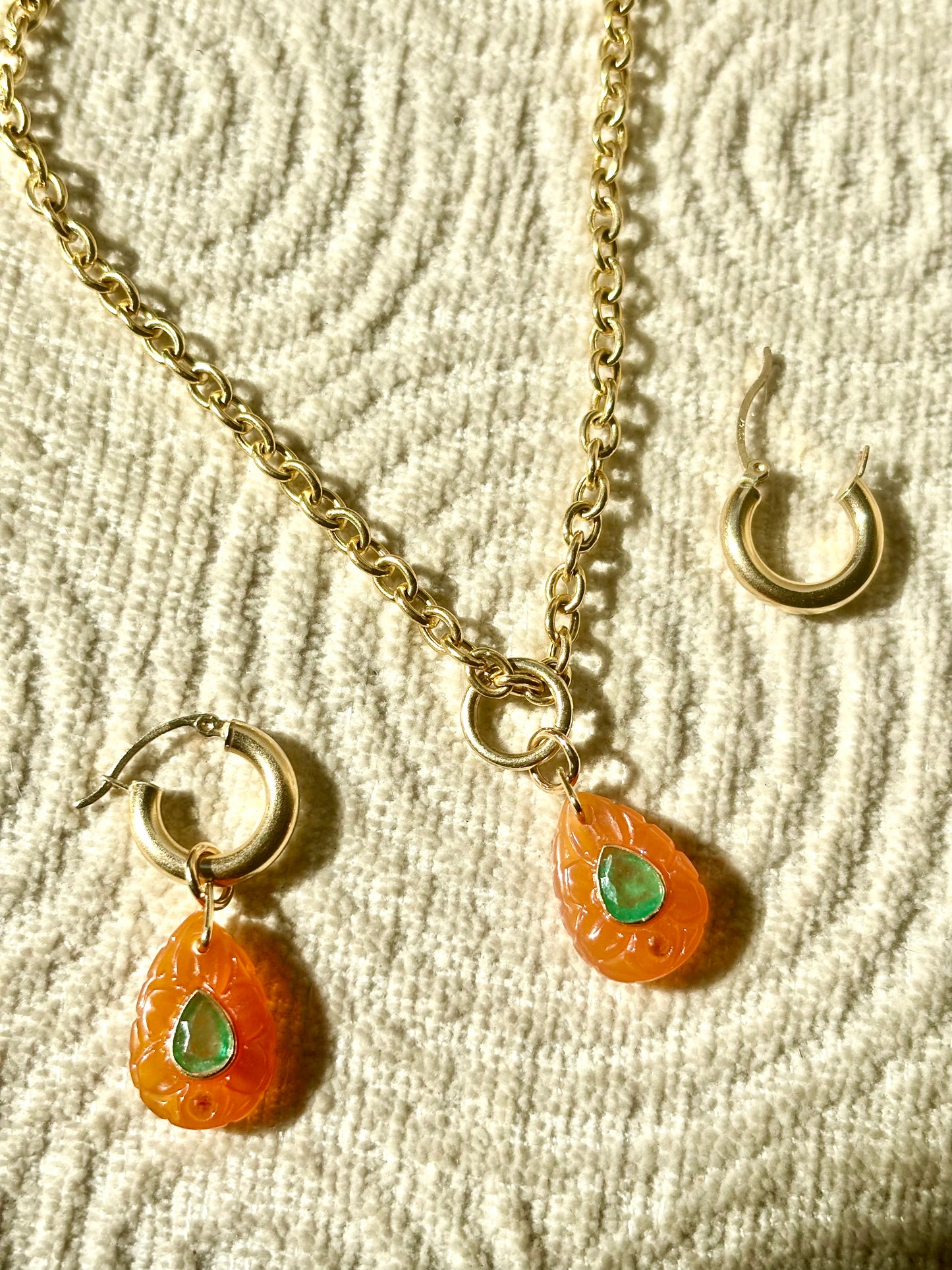 Carnelian, emerald and orange sapphire earrings