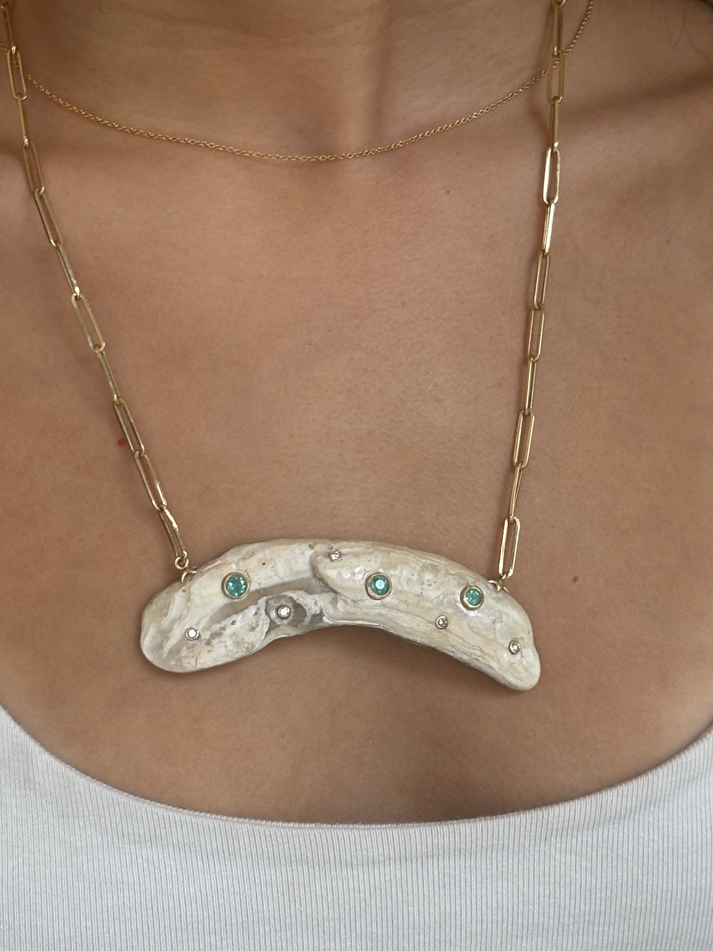 Natural Shell Necklace with Emeralds and Diamonds