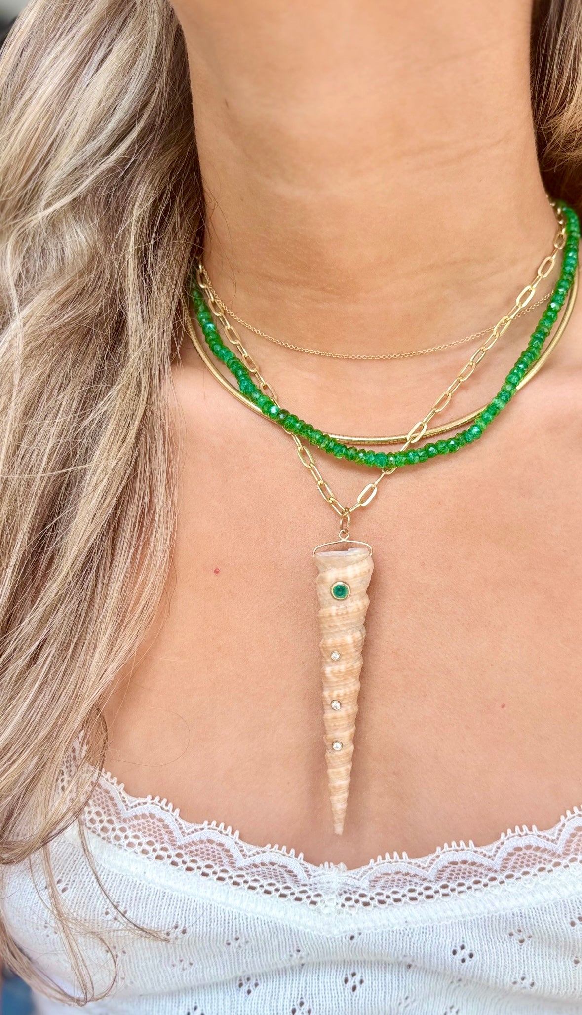 Natural Spiral Shell Pendant with Emerald & Diamonds