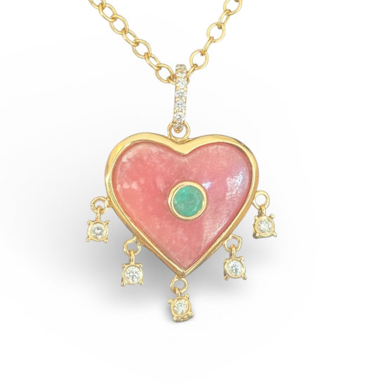Rhodochrosite Heart Pendant with Emerald & Diamonds