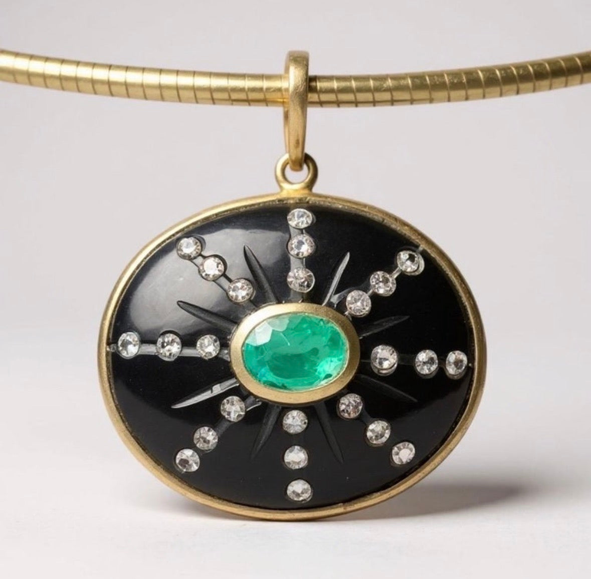 SOL Pendant, Black Onyx, Oval Emerald and Diamond Sun Rays