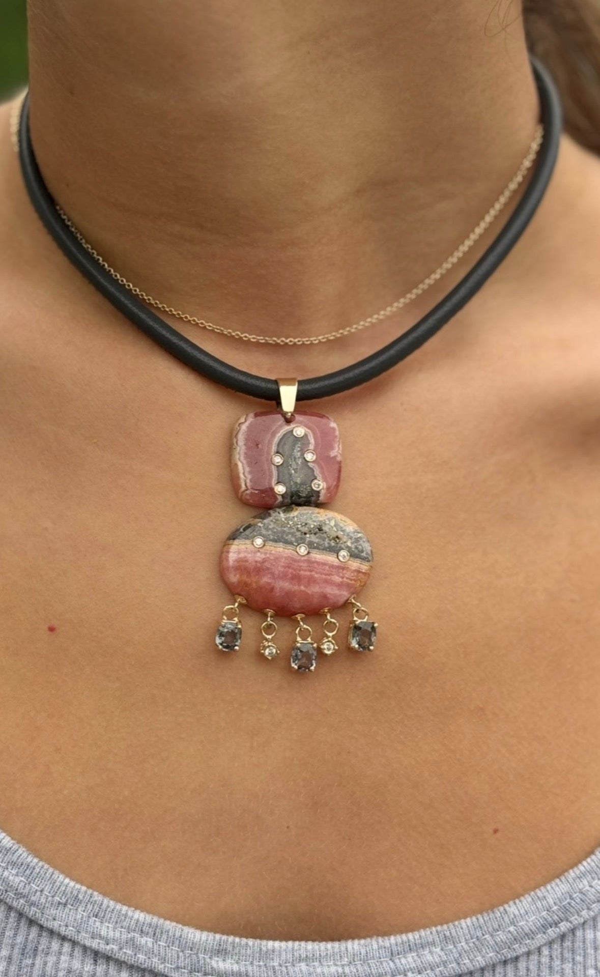 Rhodochrosite Double Pendant with Diamonds & Spinel