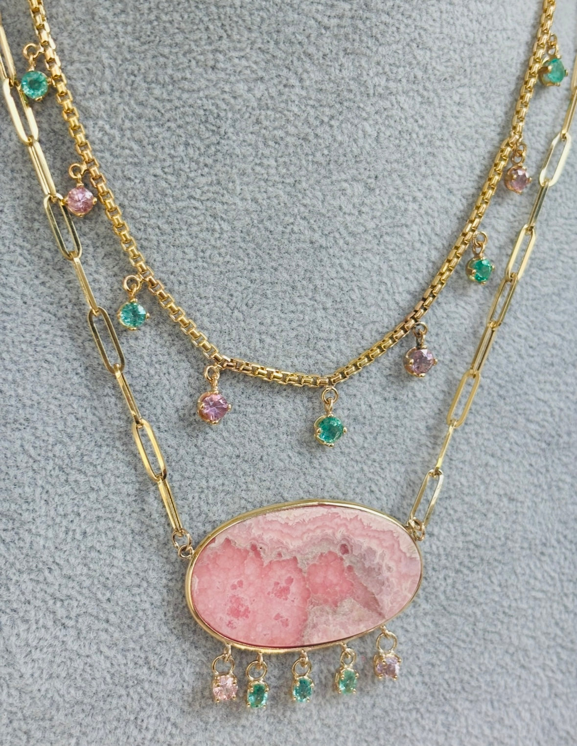 Rhodochrosite Necklace on Paperclip with Emeralds and Pink Spinels
