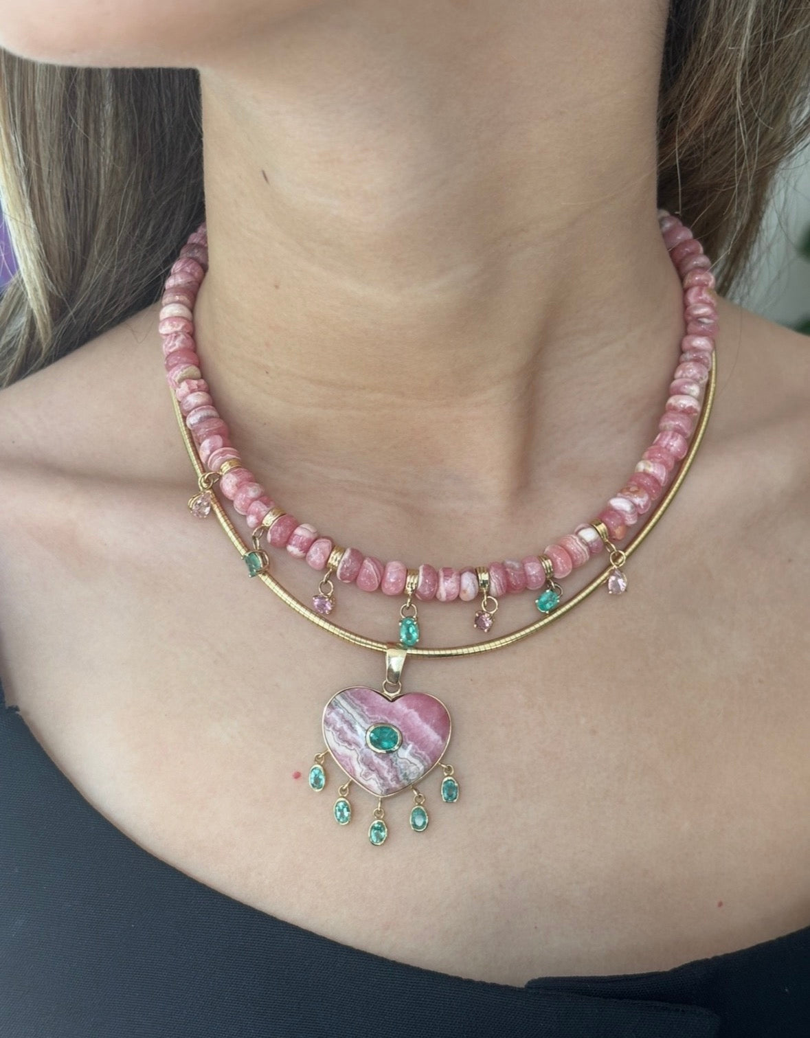 Rhodochrosite Large Heart Pendant with Emeralds