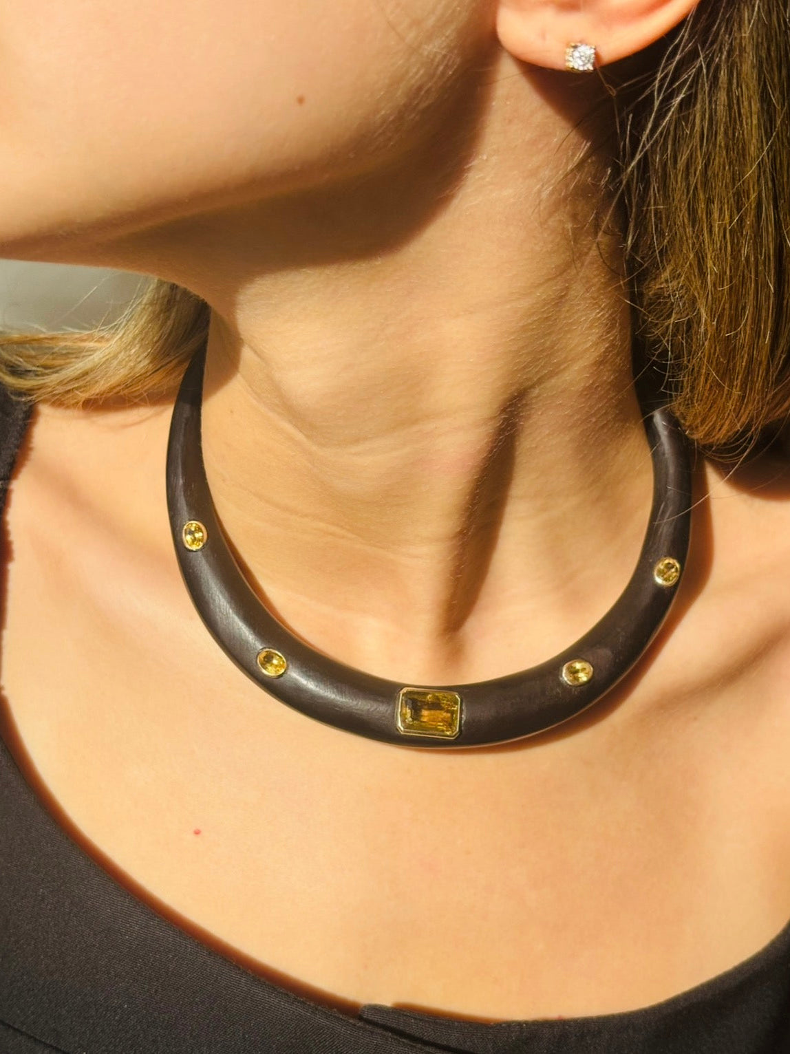 Wood Collar Necklace with Gold Bezeled Citrines, 14k