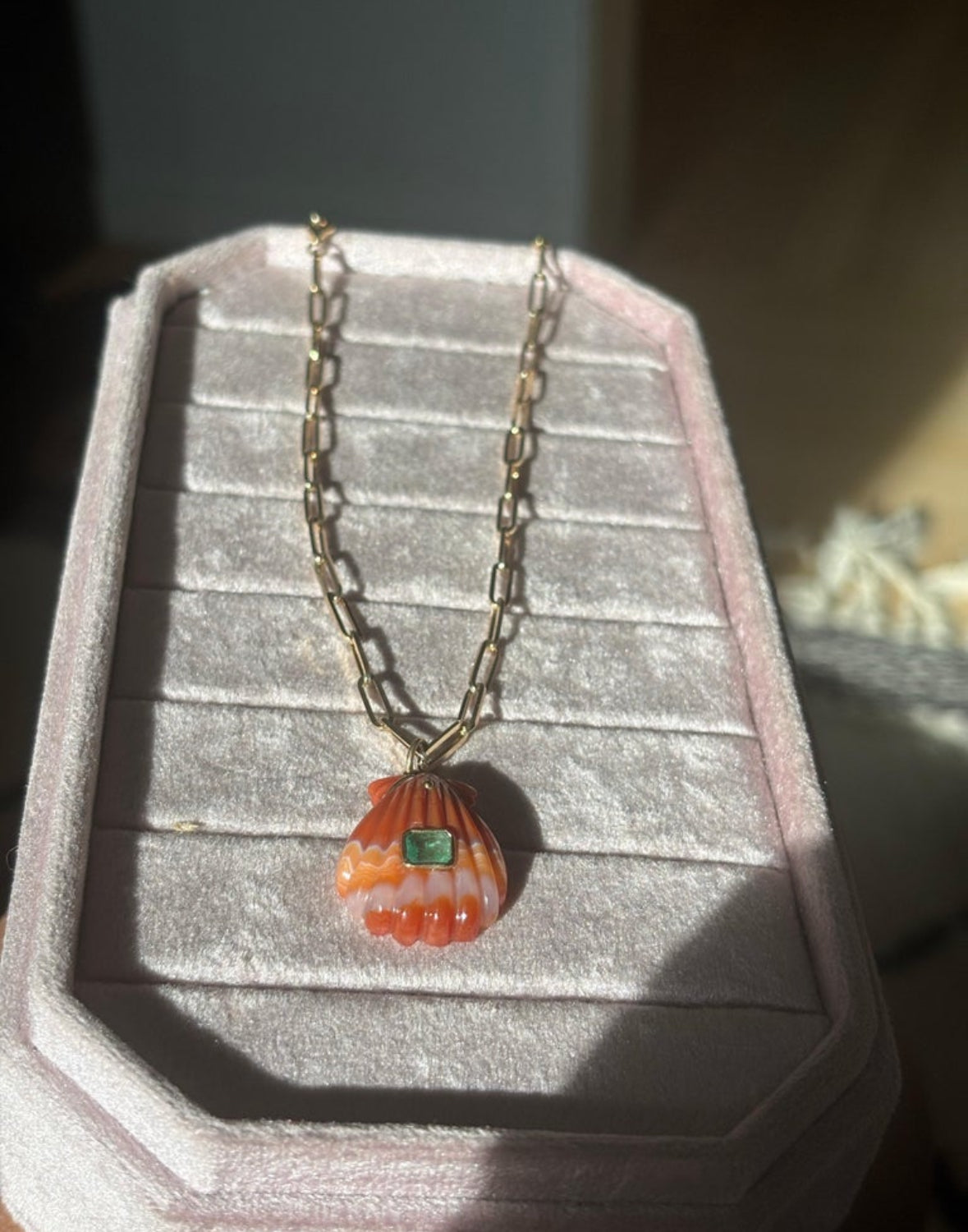 Laguna Agate Shell Pendant with Emerald