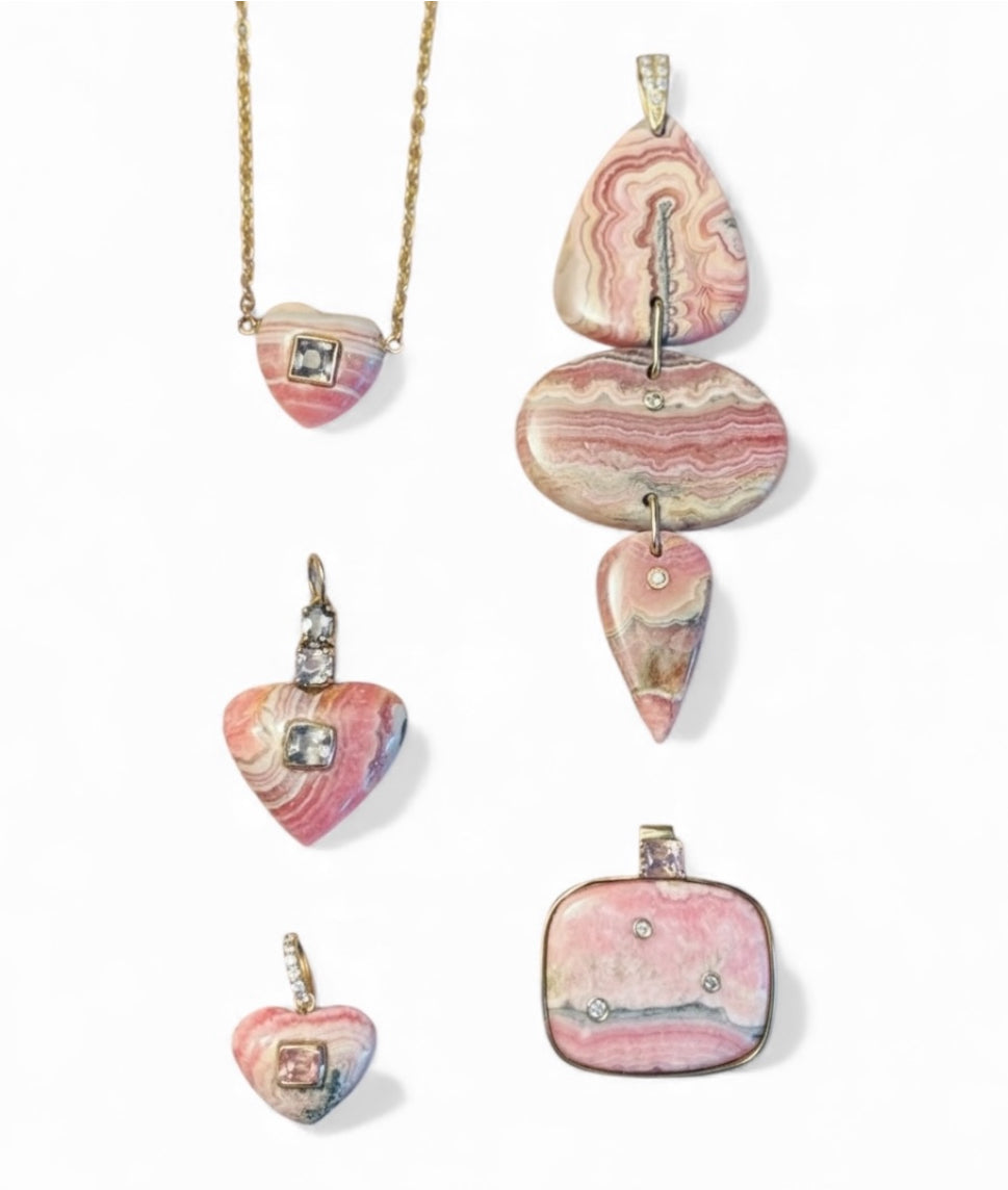 Rhodochrosite Triple Pendant with Diamonds