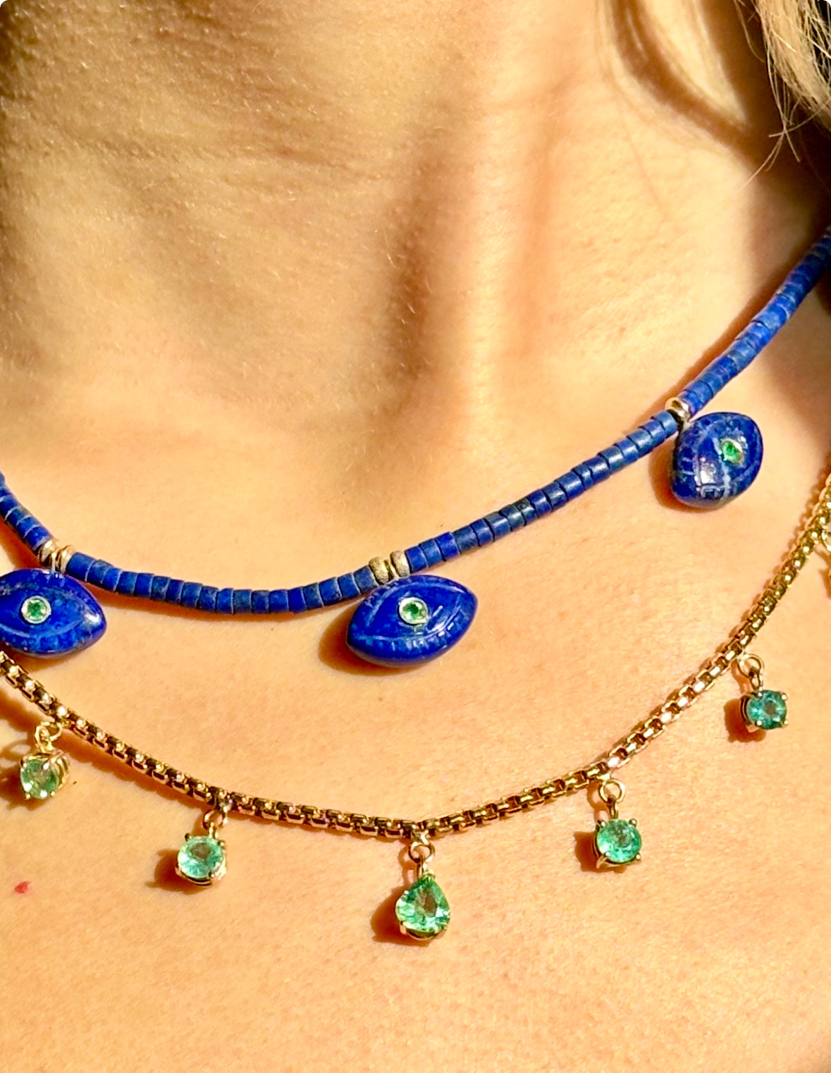 Lapis Evil EyeS Necklace with Diamonds & Emeralds