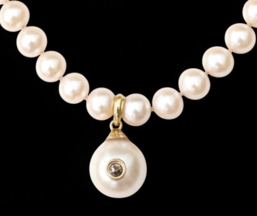 Cultured Pearl Necklace & Tahitian Pearl Pendant with Champagne Diamond, 14k Gold