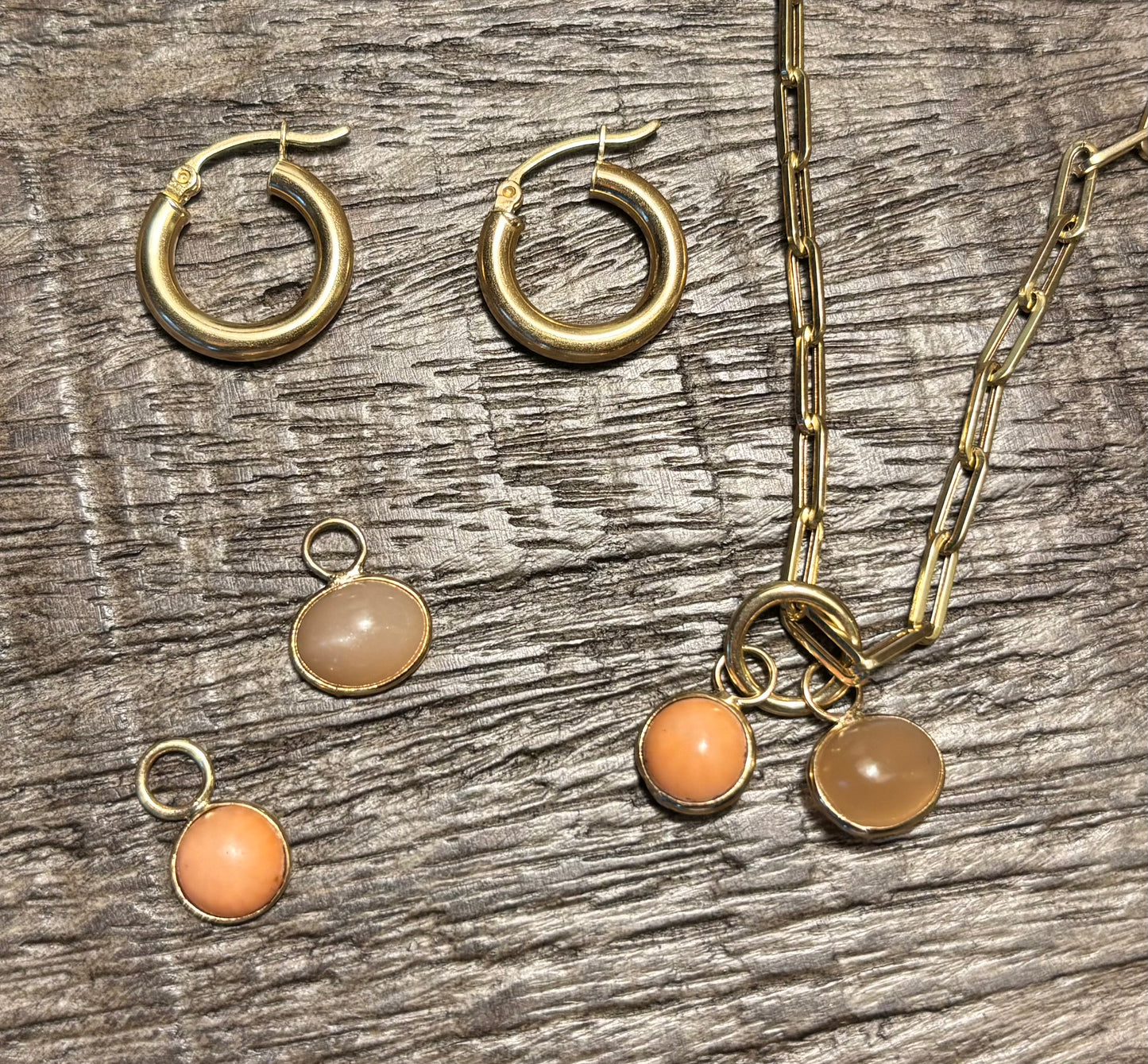 Moonstone Hoop Earrings, peach moonstone & coral