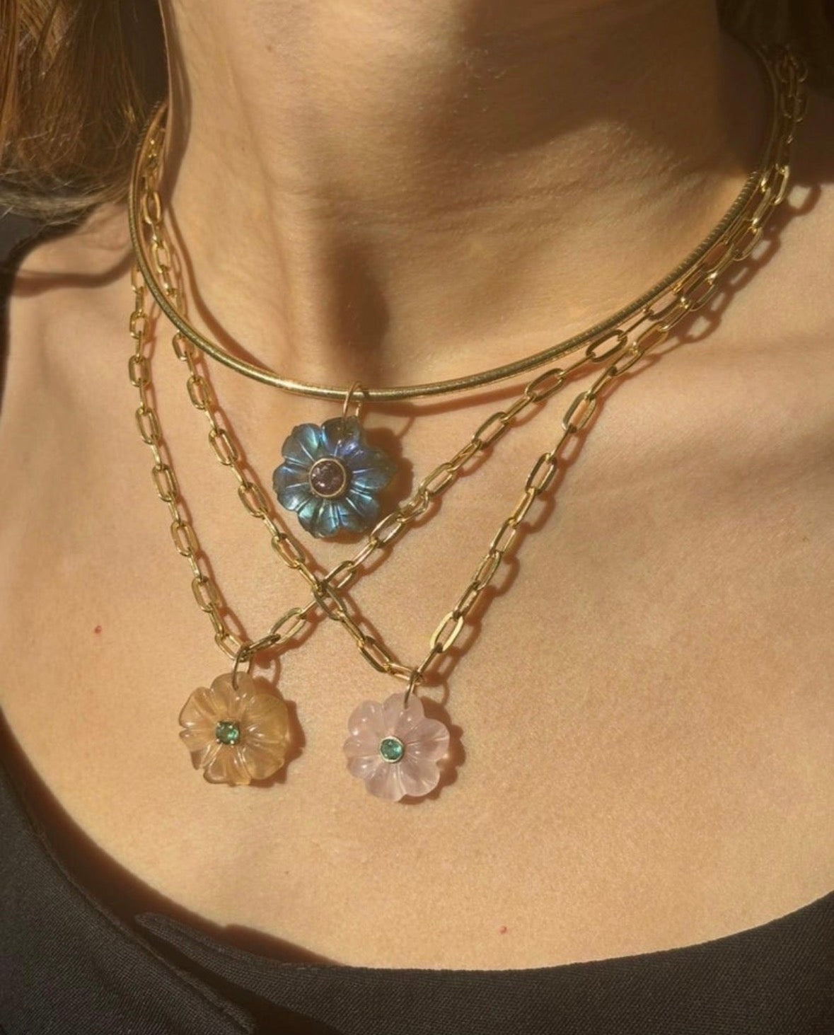 FLORA Pendant, Peach Moonstone with Emerald and 14k Gold