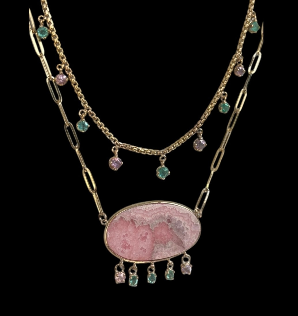 Rhodochrosite Necklace on Paperclip with Emeralds and Pink Spinels