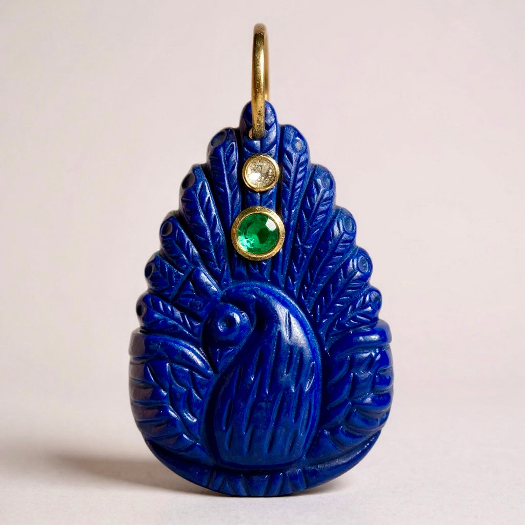 Lapis Peacock Pendant with Emerald & Diamond