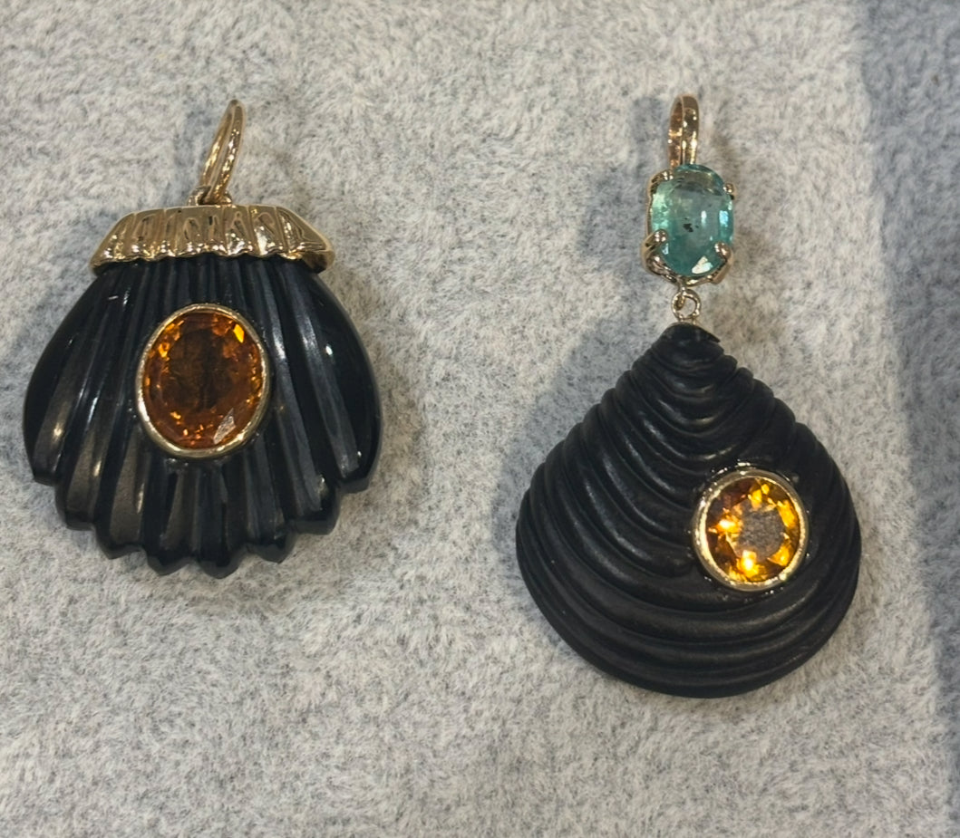 Carved Shell, Matte Black Onyx with Citrine & Emerald