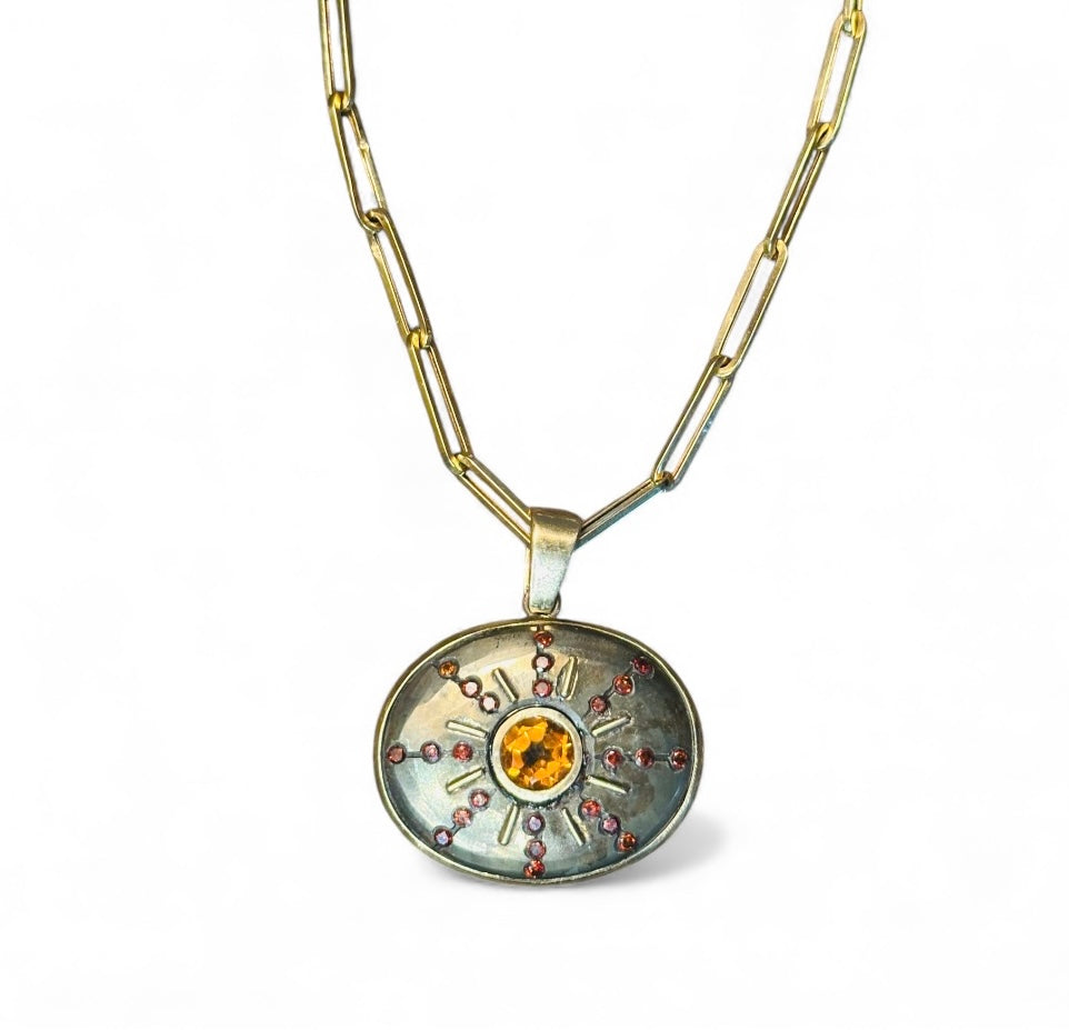 SOL Pendant, Pyrite, Citrine & Red Diamonds