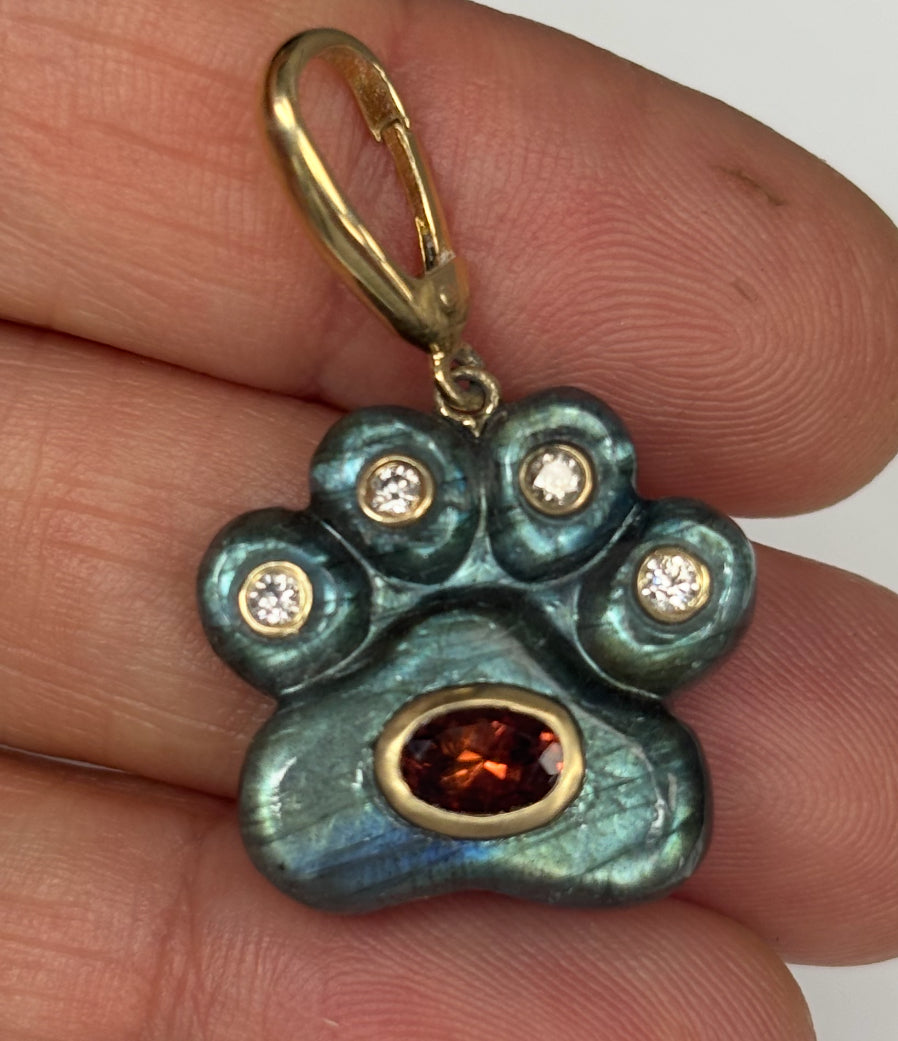 Dog Paw Pendant, Labradorite with Diamonds & Tourmaline