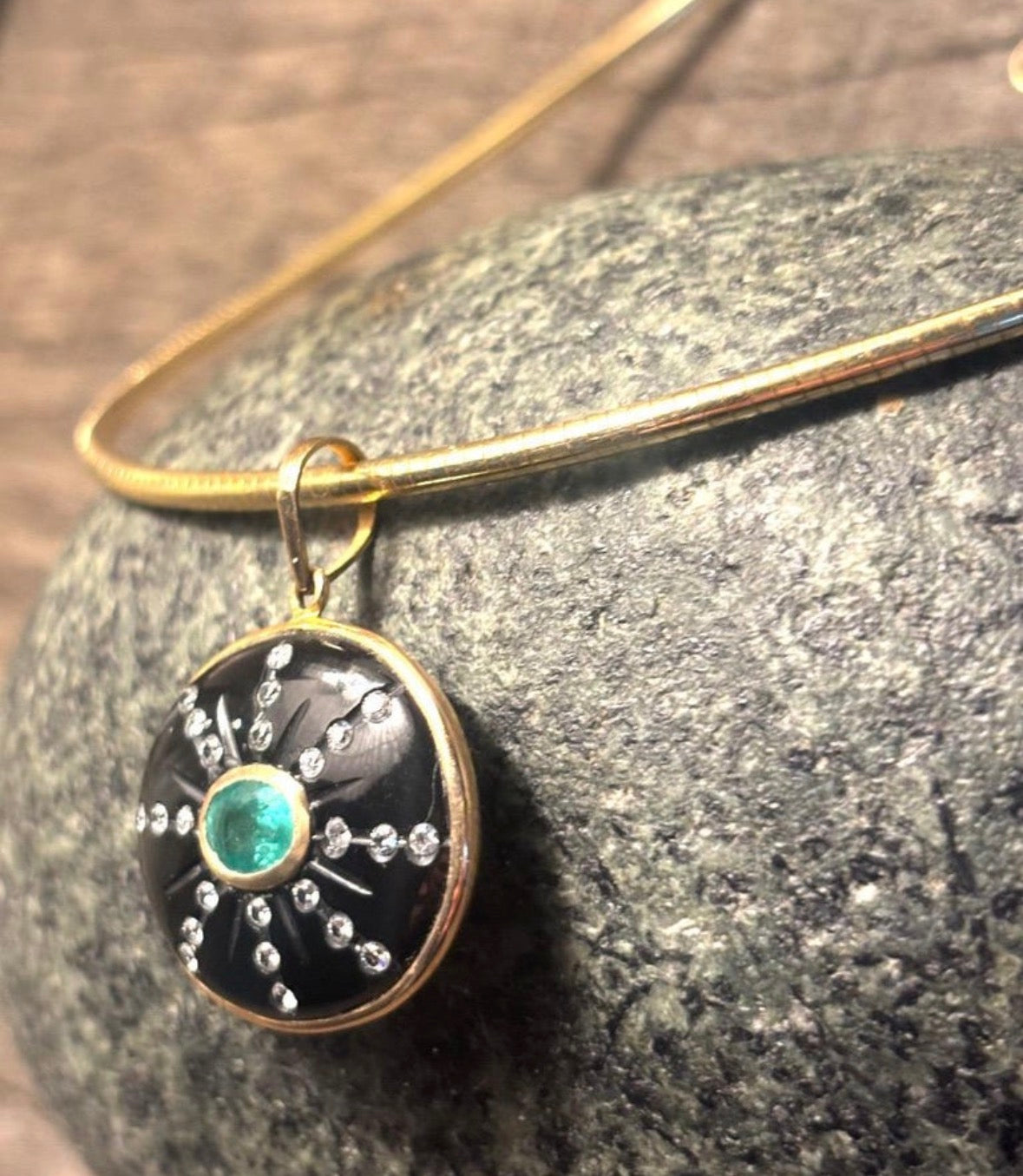 SOL Pendant, Black Onyx, Oval Emerald and Diamond Sun Rays