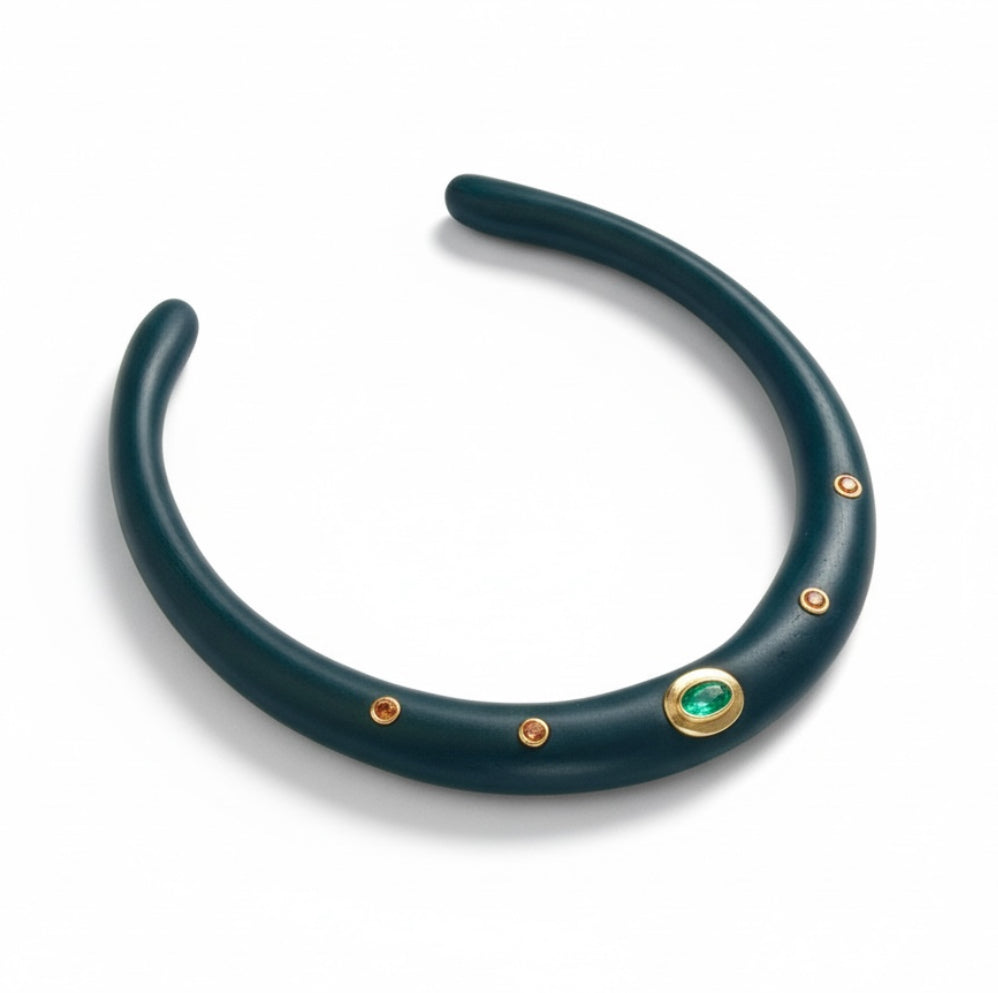 Wood Collar Necklace with Emerald and Mandarin Garnets