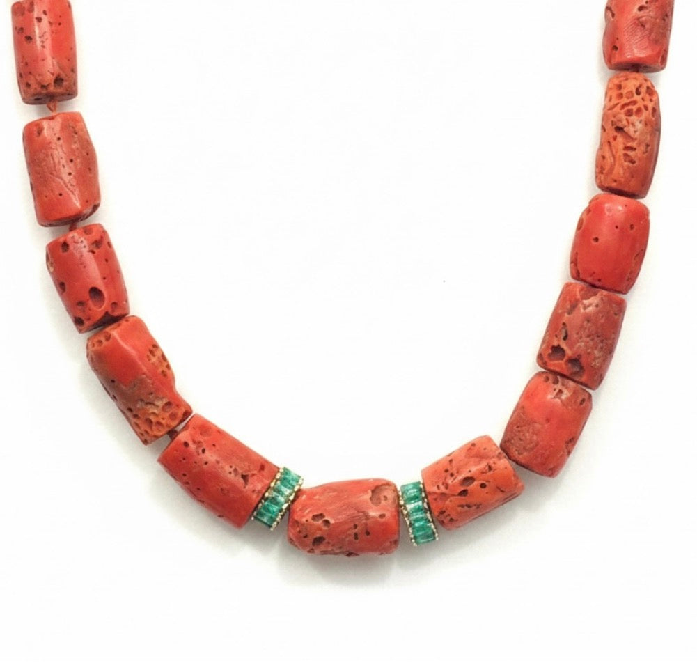Coral and Emerald Rondelle Necklace with 14k Gold