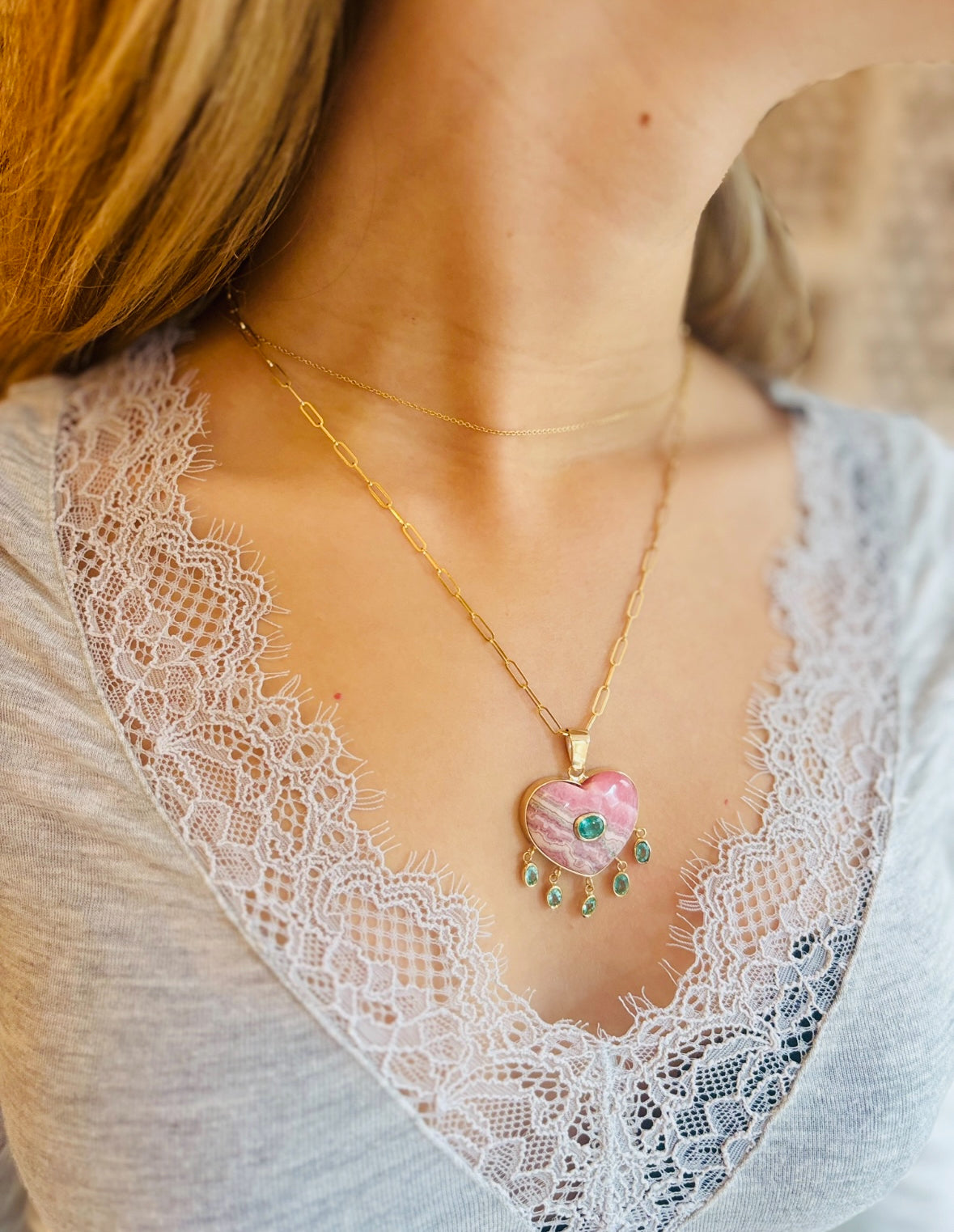 Rhodochrosite Large Heart Pendant with Center & Dangling Emeralds