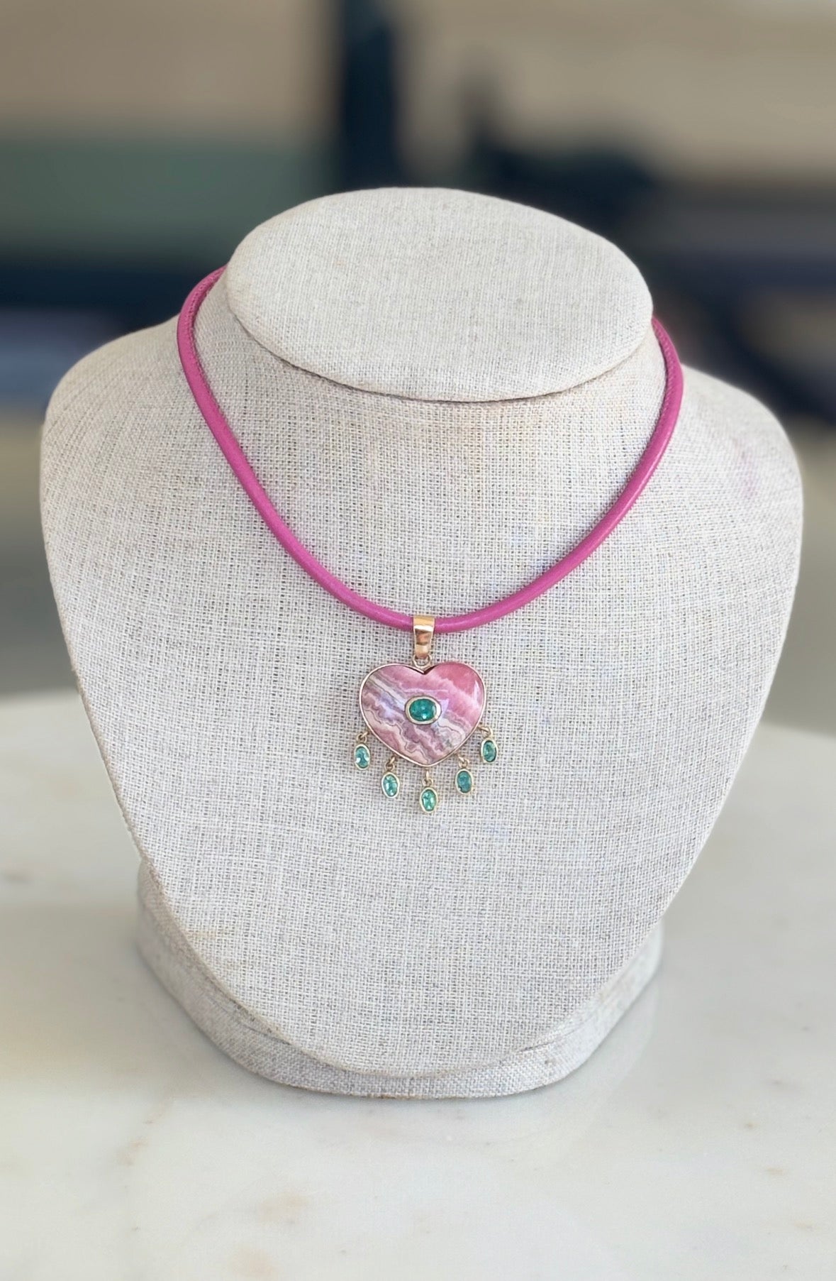 Pink Leather and 14k Gold Cord Necklace, with Extender