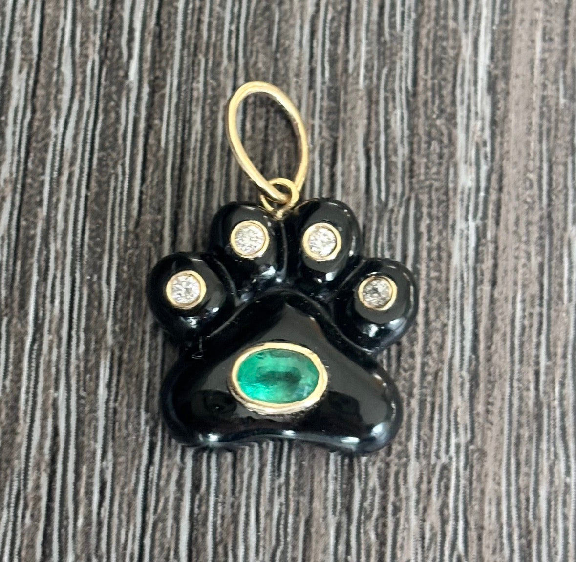 Dog Paw Pendant, Black Onyx, Diamonds & Emerald