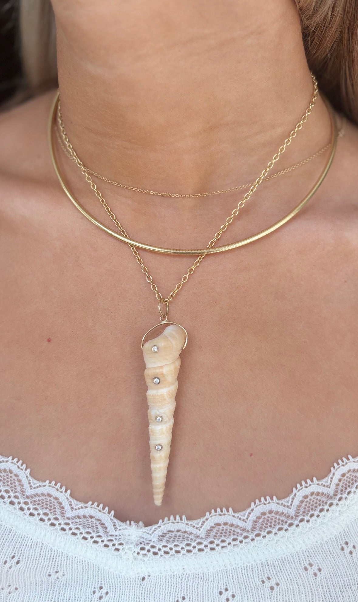 Natural Spiral Shell Pendant with Diamonds