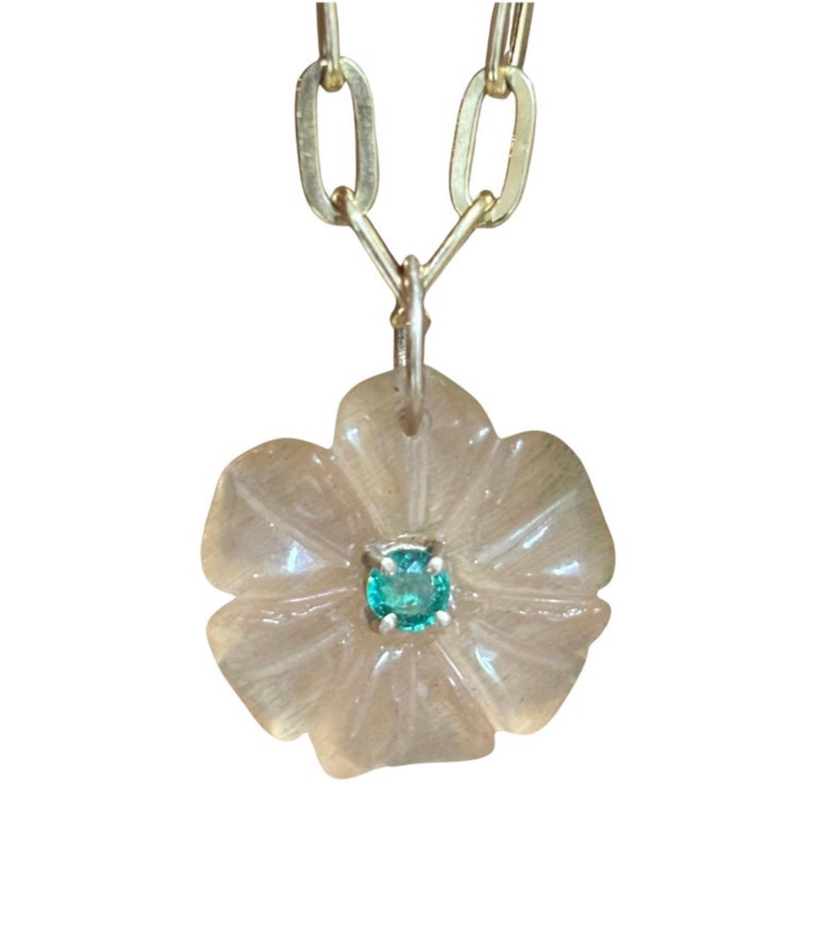 FLORA Pendant, Peach Moonstone with Emerald and 14k Gold