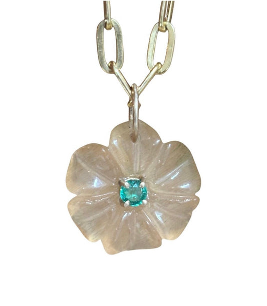 FLORA Pendant, Peach Moonstone with Emerald and 14k Gold