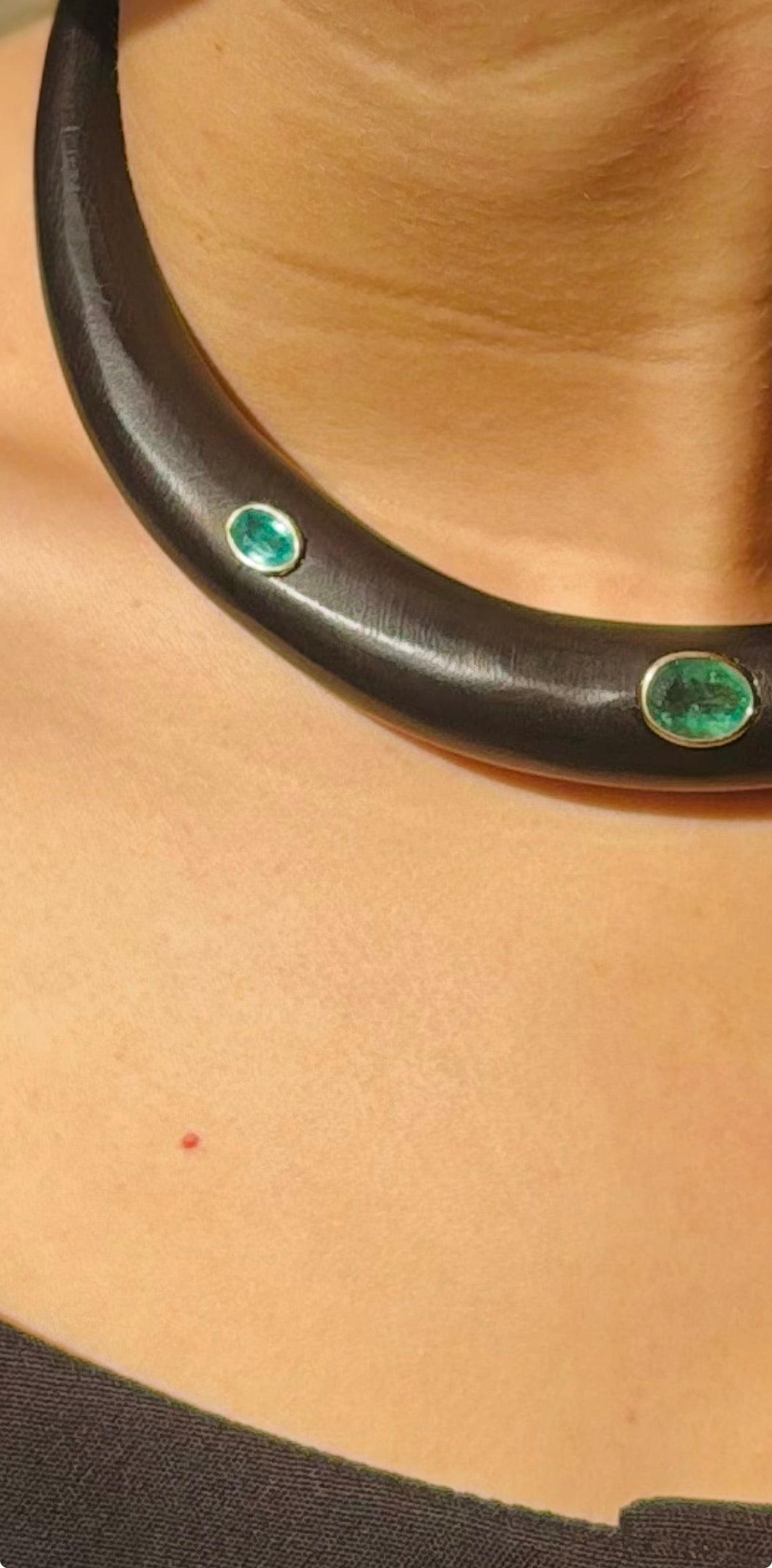 Wood Collar Necklace with Emeralds