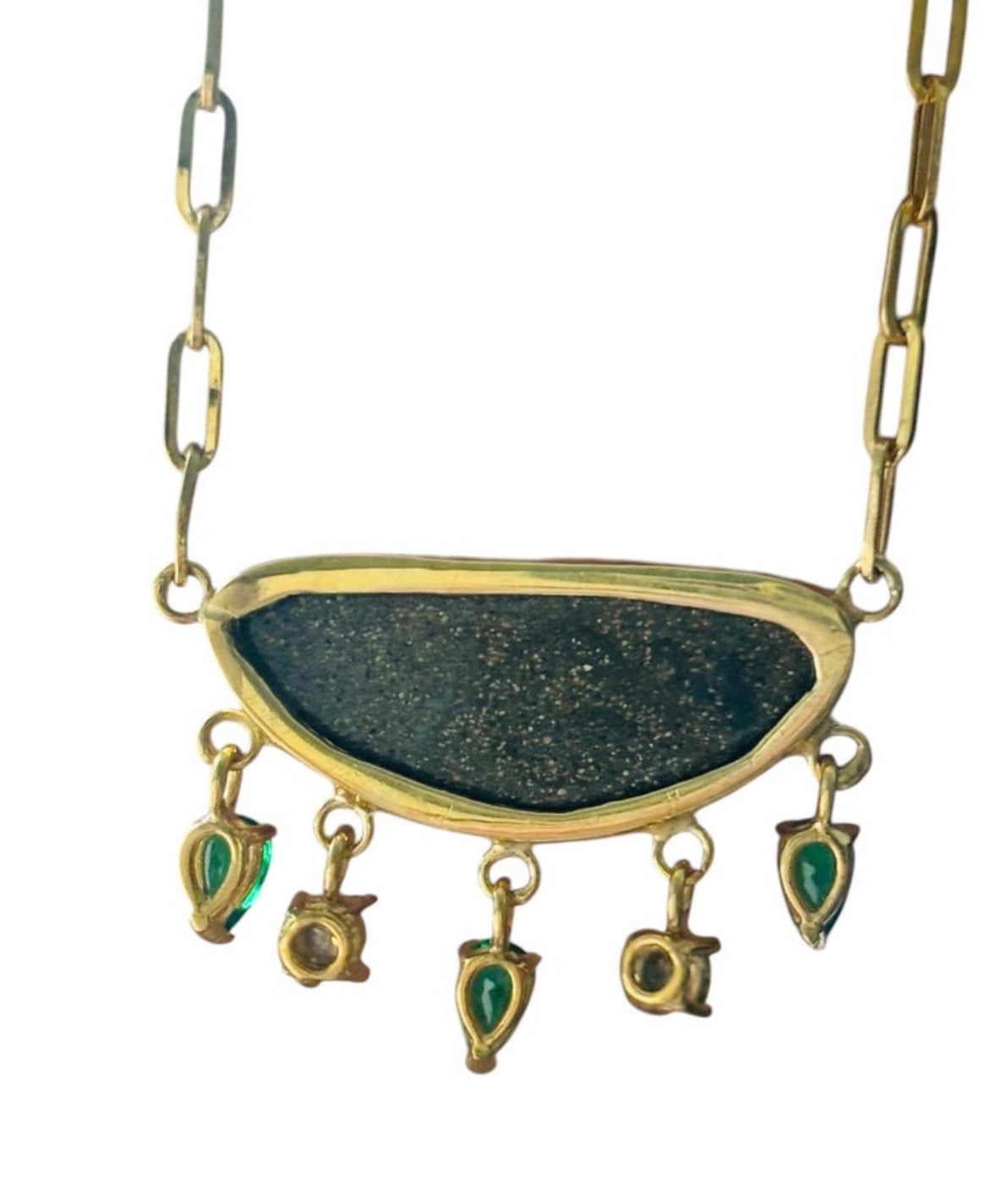 Australian Opal Necklace with Diamonds & Colombian Emeralds, 14k Paperclip Chain