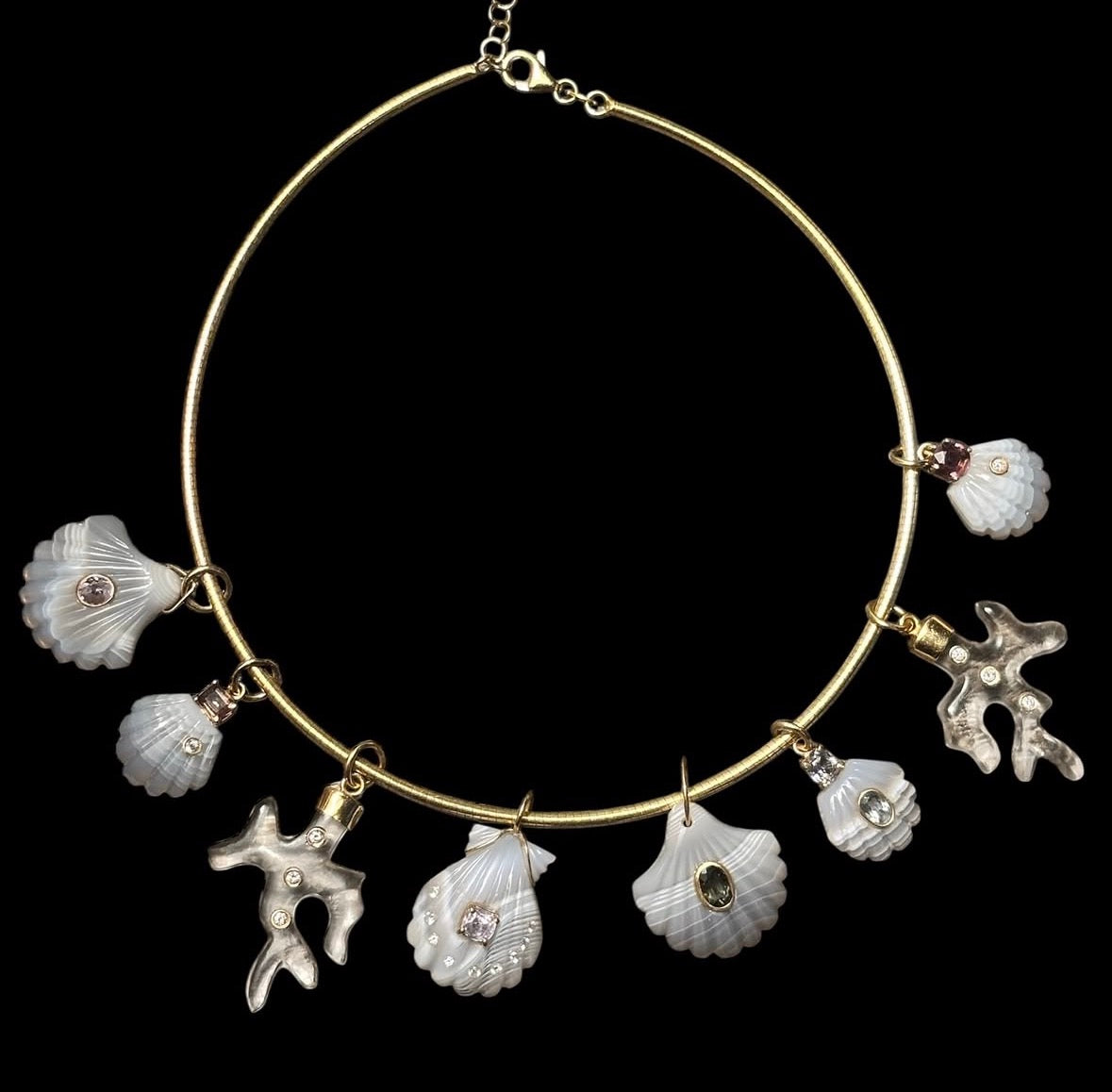 Laguna Agate Shell Pendant with Diamond, Spinel and 14k Gold