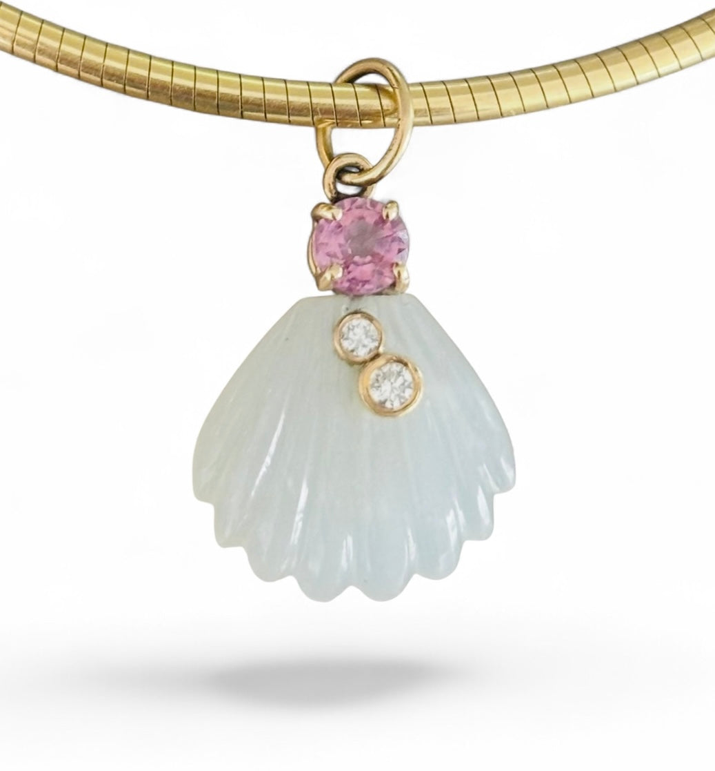 Moonstone Sea Shell Pendant with Diamonds and Pink Spinel