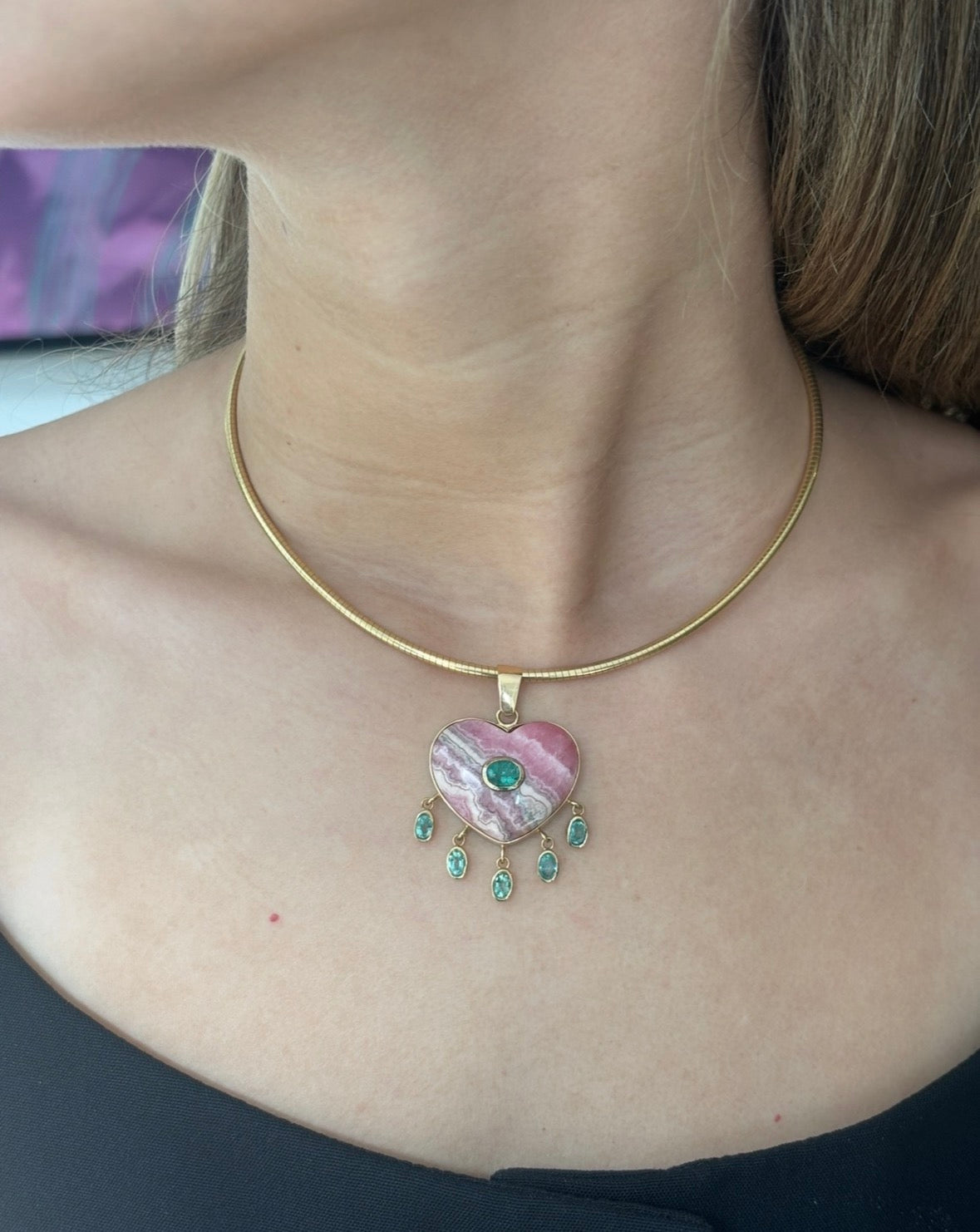 Rhodochrosite Large Heart Pendant with Emeralds