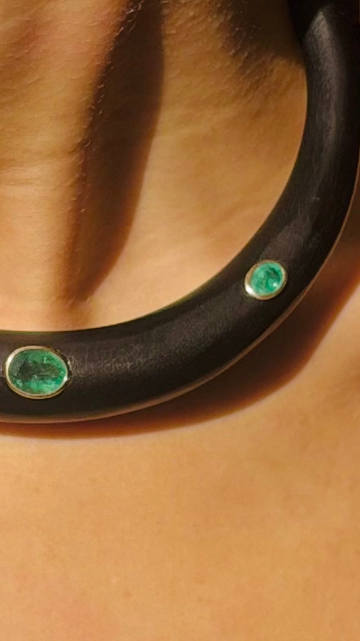 Wood Collar Necklace with Emeralds