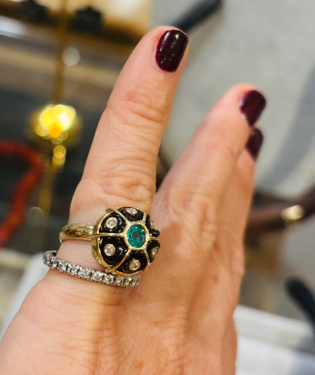 FLORA Ring: Black Onyx, Emerald & Diamonds