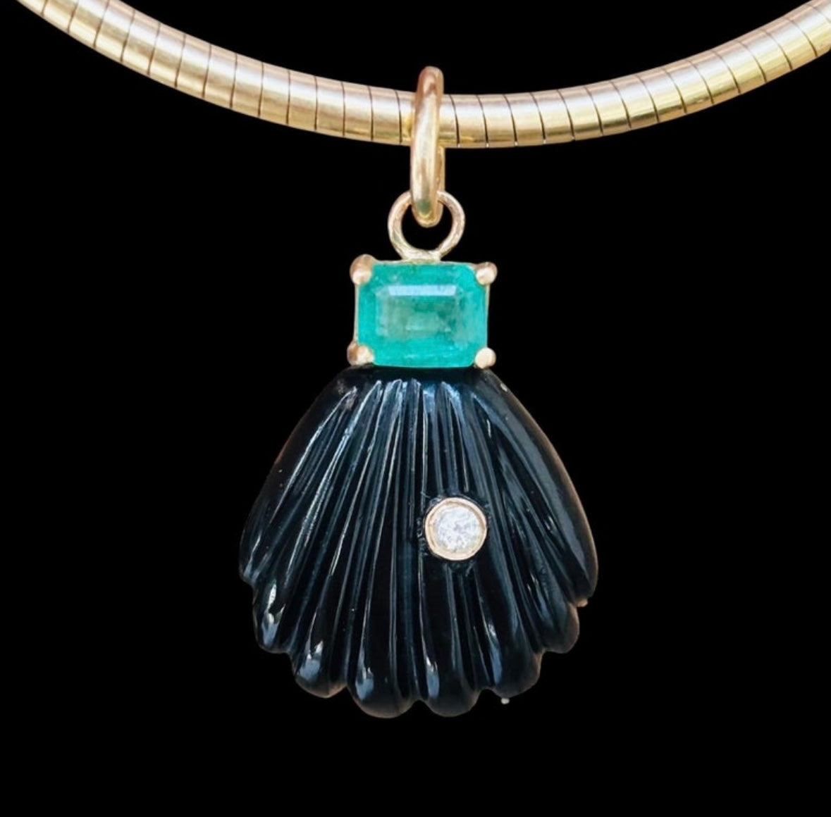 Black Onyx Shell Pendant with Diamond & Emerald