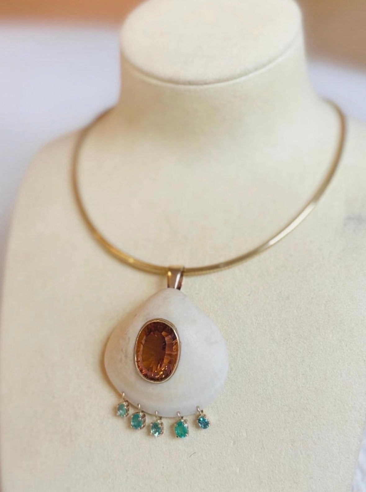 Emerald Necklace and Shell Pendant with Madeira Citrine, Emeralds & 14k Gold