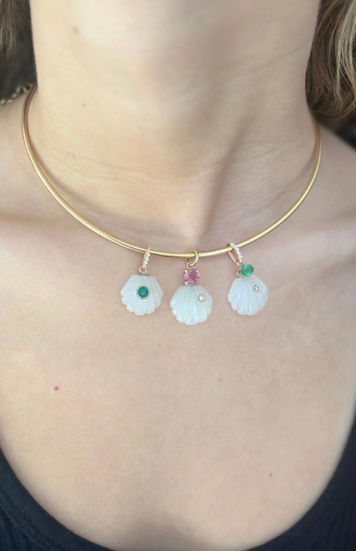 Moonstone Shell Pendant with Diamonds, Emerald and 14k Gold