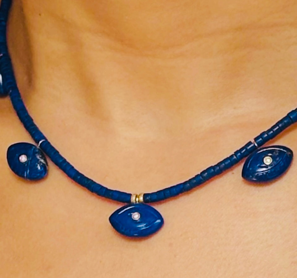 Lapis Evil EyeS Necklace with Diamonds & Emeralds