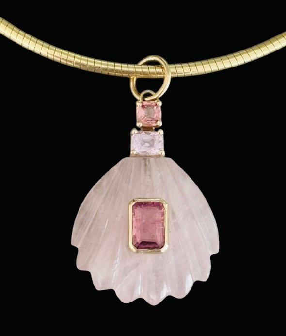 Rose Quartz Sea Shell Pendant with Pink Tourmaline & Spinel