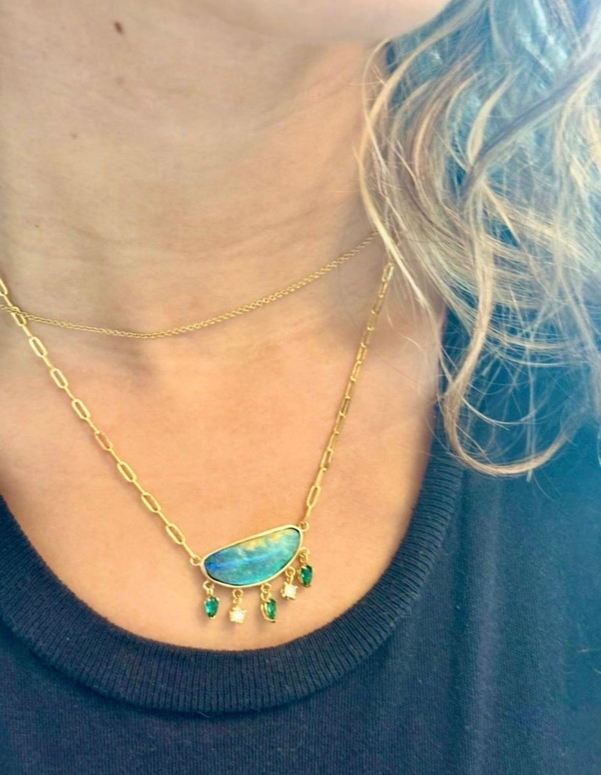 Australian Opal Necklace with Diamonds & Colombian Emeralds, 14k Paperclip Chain