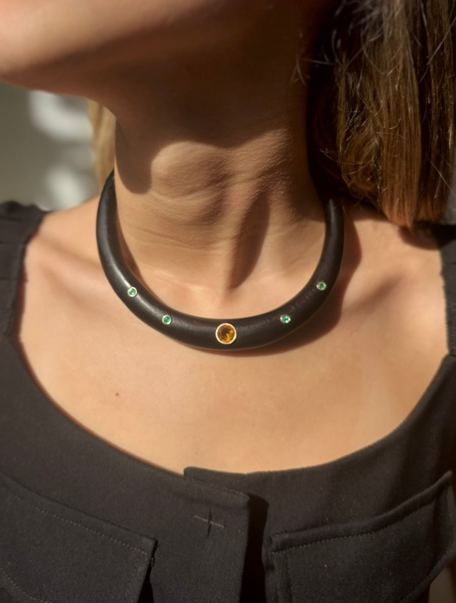 Wood Collar with Citrine & Emeralds