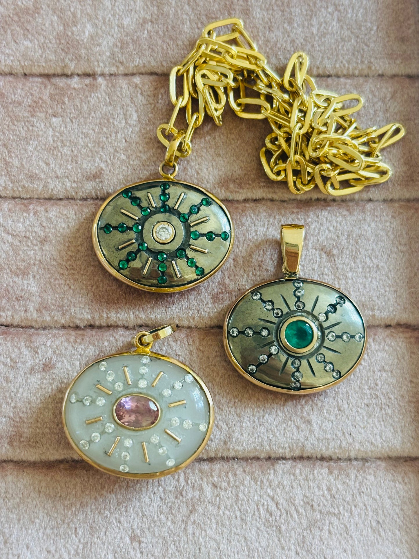SOL Pendant, Pyrite, Emerald & Diamonds