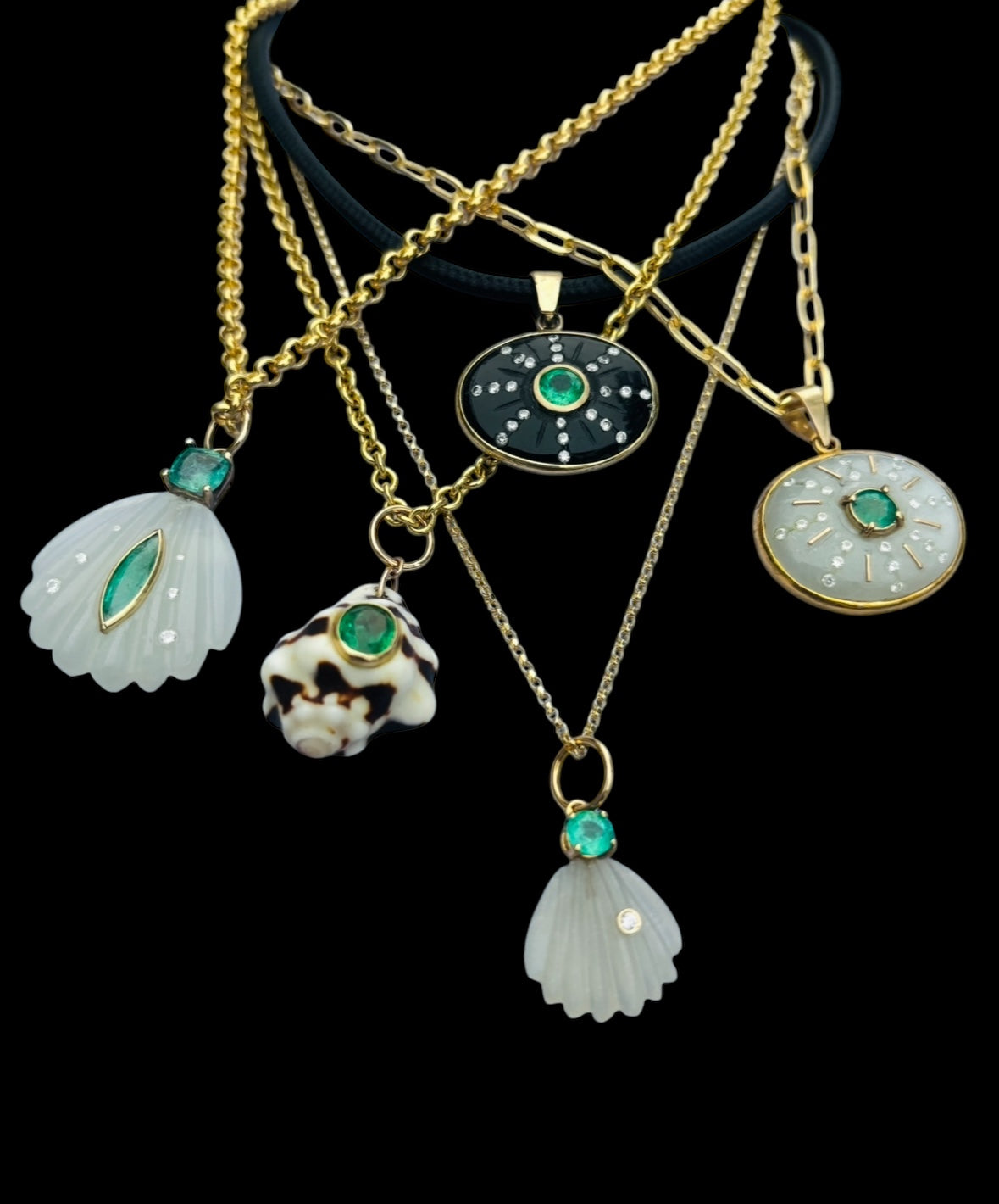 Sea Shell Pendant, Moonstone, Emeralds & Diamonds