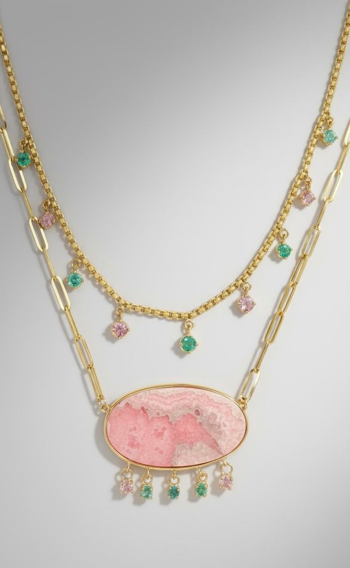 Rhodochrosite Necklace on Paperclip with Emeralds and Pink Spinels