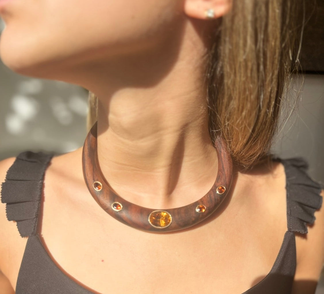Wood Collar Necklace with Madeira Citrines